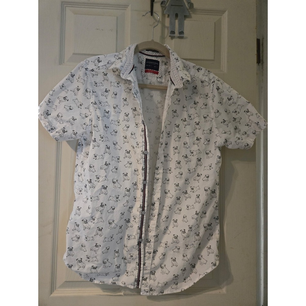 Denim & Flower Pugs Pug Dog Print Slim Fit Short Sleeve Shirt Ricky Singh Sz Med
